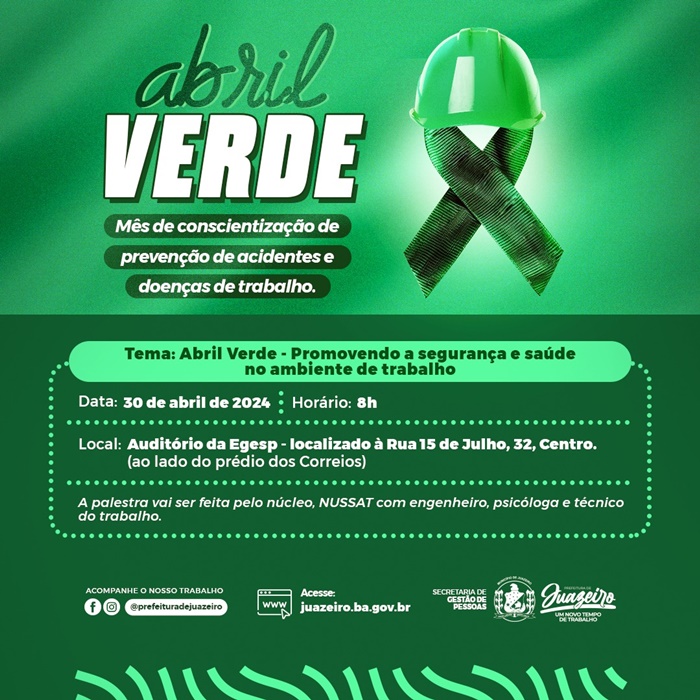 Abril Verde: Prefeitura de Juazeiro promoverá palestra sobre segurança e saúde no trabalho no dia 30