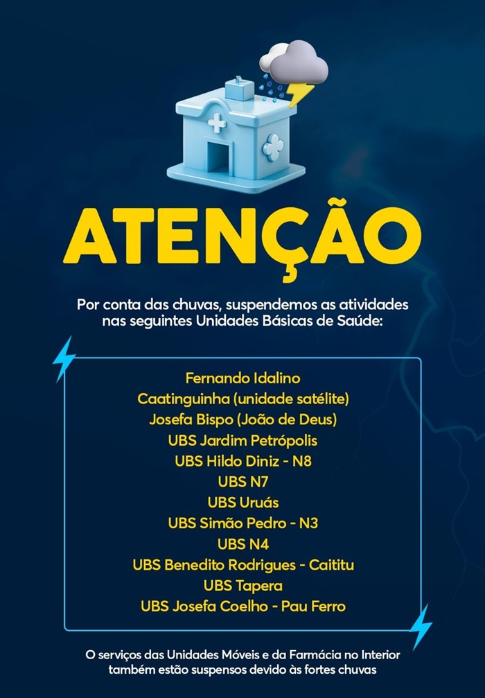 Chuvas: secretaria de Saúde suspende atendimentos em unidades de saúde de Petrolina