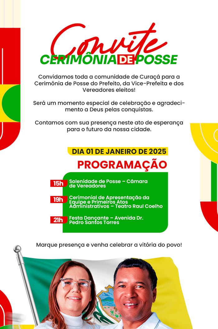 Curaçá: Cerimônia de Posse do Prefeito, Vice-Prefeita e dos Vereadores eleitos acontece nesta quarta (01)