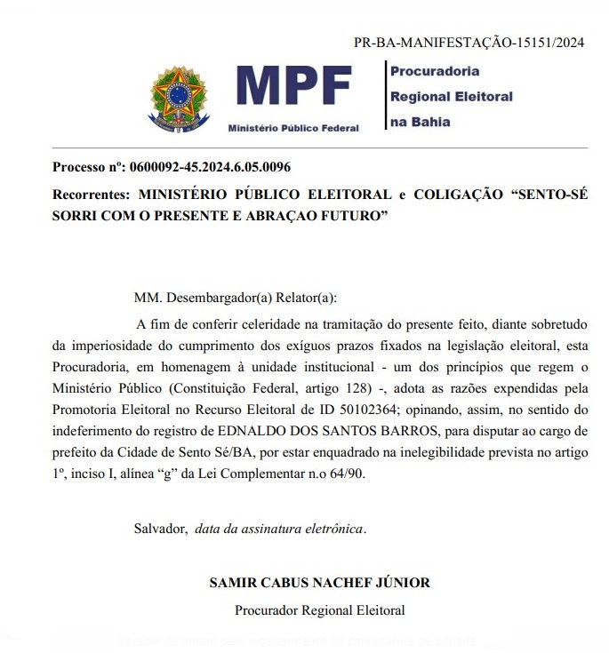 Procurador do MPE solicita "celeridade" e opina por "indeferimento" da candidatura de Ednaldo Barros em Sento Sé