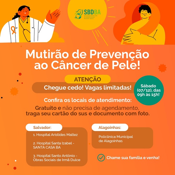 Mutirão da SBD-BA vai promover prevenção e encaminhamento de casos suspeitos de câncer de pele em cidades baianas