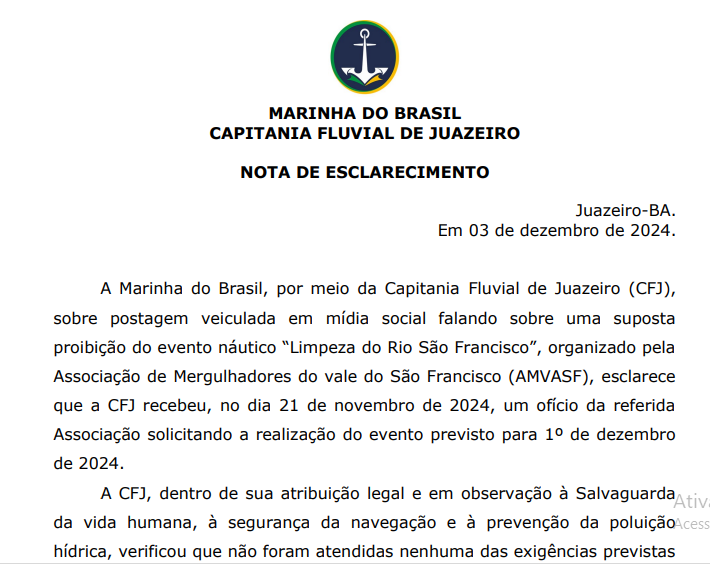 Marinha emite nota sobre suposta proibição do evento náutico “Limpeza do Rio São Francisco”