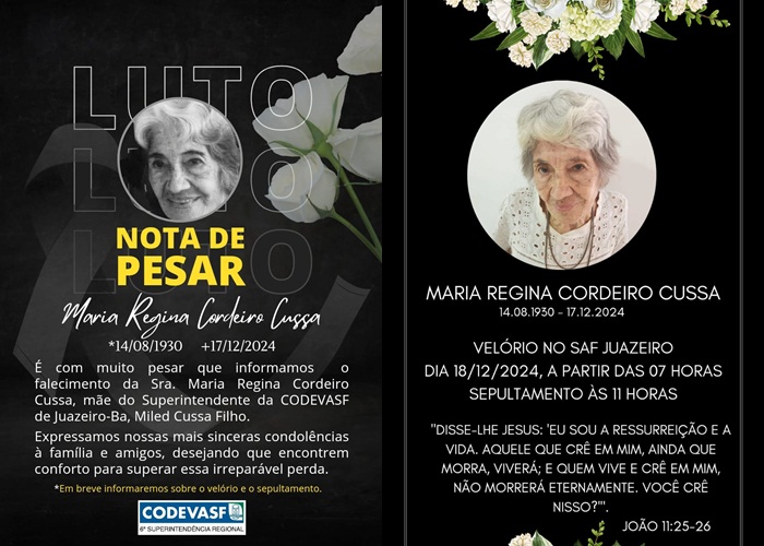 Morre em Juazeiro a professora Regina Cordeiro Cussa mãe do Superintendente da Codevasf