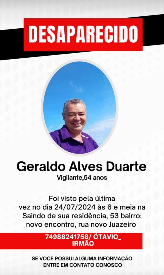 Nota de desaparecimento: familiares e amigos procuram por Geraldo Alves Duarte