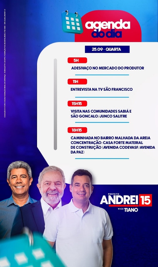 Candidato a prefeito de Juazeiro-BA, Andrei Gonçalves (MDB), terá agenda de campanha diversificada quarta-feira (25), diz assessoria