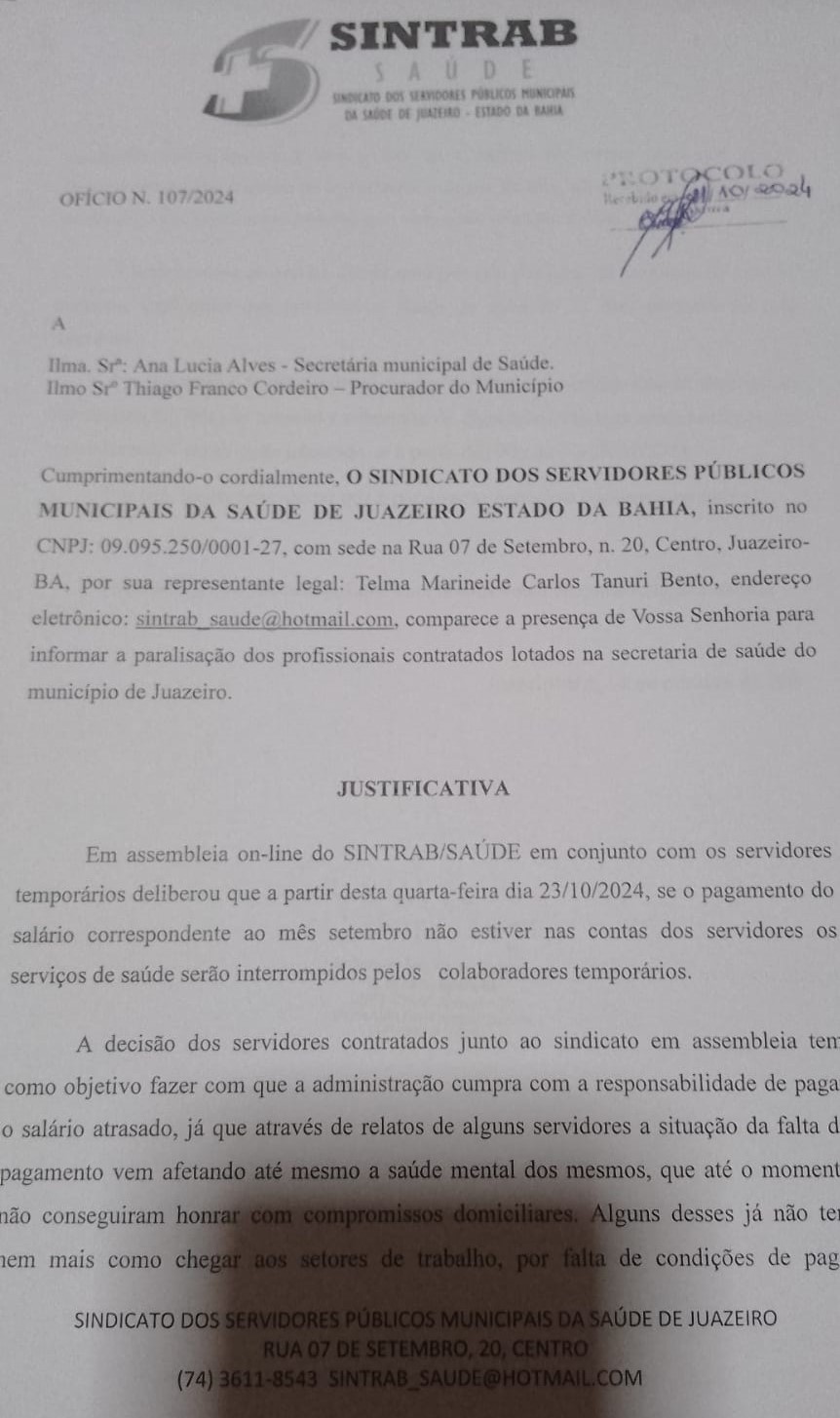 Sintrab/Saúde informa sobre paralisação nesta quarta-feira (23) em Juazeiro