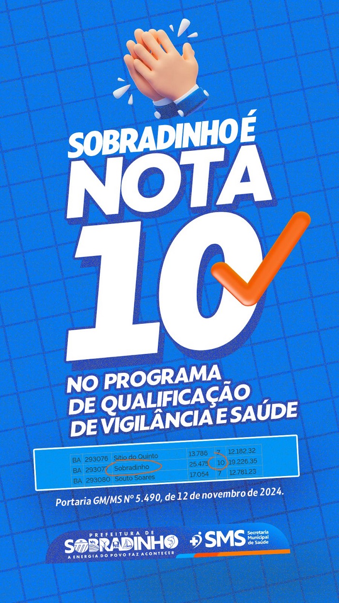 Nota 10: Sobradinho alcança nota máxima no Programa de Qualificação em Vigilância em Saúde e é destaque na Bahia