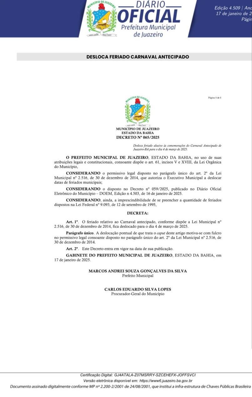 Prefeitura Municipal de Juazeiro divulga calendário de feriados