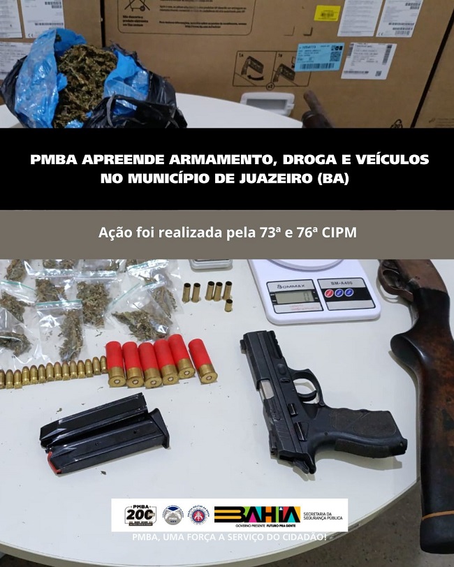 PMBA, através da 73ª e 76ª CIPM, apreende armas, drogas e veículos em Juazeiro (BA).