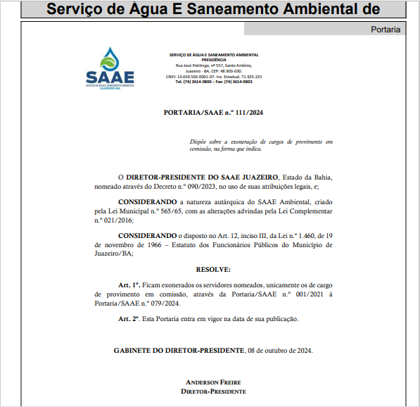 Repercussão: exoneração de servidores do SAAE-Juazeiro preocupa moradores: "e o abastecimento na zona rural?" Saae responde