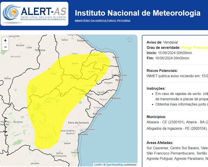 Inmet emite alerta sobre vendaval em Juazeiro e municípios do Norte da Bahia este final de semana