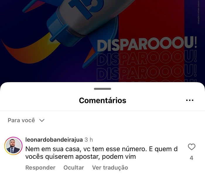 Guerra das pesquisas nas redes sociais. Vice-prefeito Leonardo visita página do adversário e desafia: " Quem de vocês quiserem apostar, podem vim"