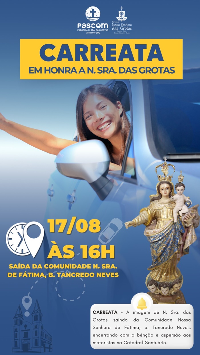 Carreata e benção dos veículos com imagem de Nossa Senhora das Grotas acontecerá no próximo sábado (17)