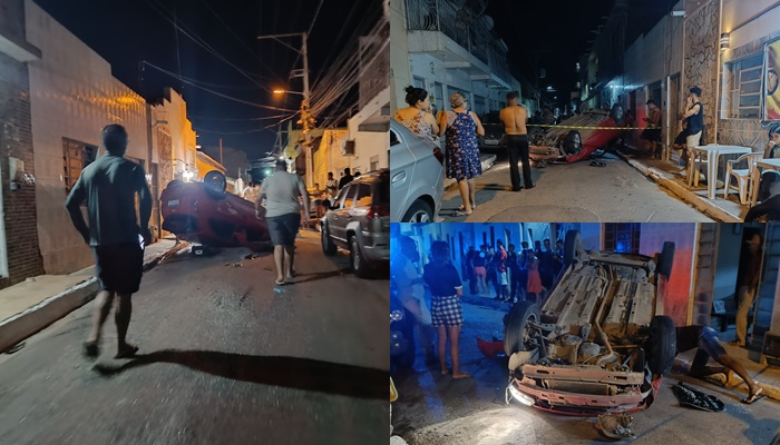 Carro em alta velocidade capotou na rua Francisco Martins Duarte, centro de Juazeiro (BA)