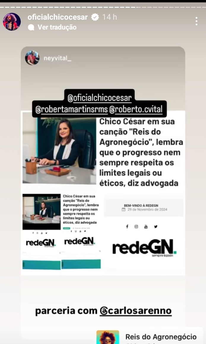 Reis do Agronegócio: Chico Cesar reposta reportagem da REDEGN nas redes sociais