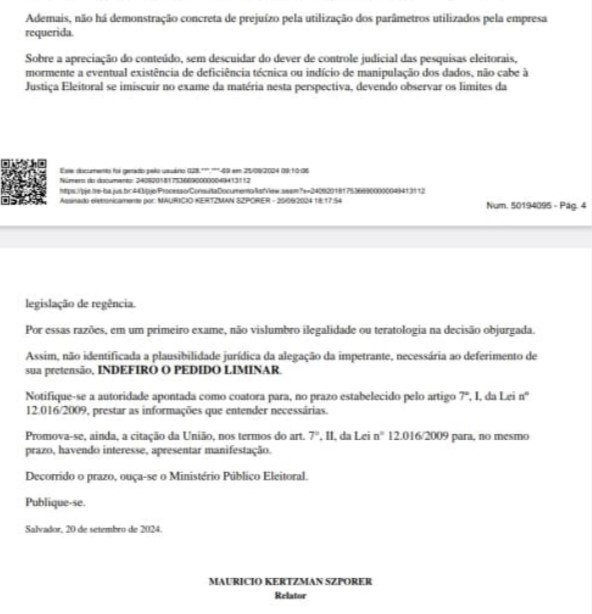 Adversários tentam impugnar pesquisa que aponta a virada para a vitória de Andrei, mas TRE-BA nega, informa assessoria