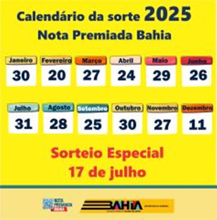 Confira o calendário com as datas de realização dos sorteios da Nota Premiada Bahia para o ano de 2025