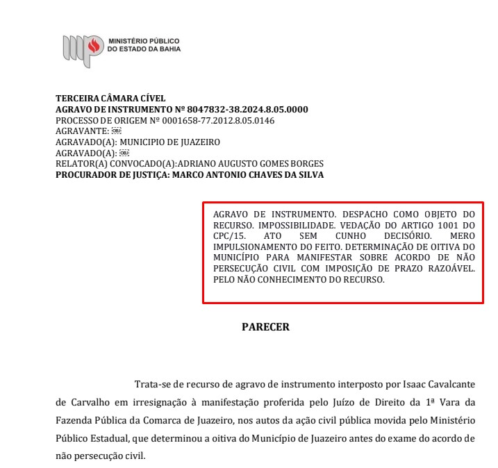 Decisão indefere pedido de agravo de Instrumento de Isaac Carvalho e mantém prazo de 10 dias para manifestação da prefeitura de Juazeiro