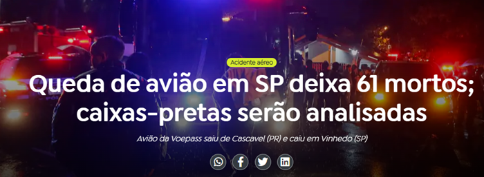 Lula decreta luto no país pelas vítimas de desastre aéreo em São Paulo