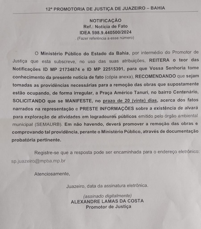 Juazeiro: Ministério Público da Bahia recomenda a retirada das obras de Ledo Ivo que "estão ocupando a Praça Américo Tanuri