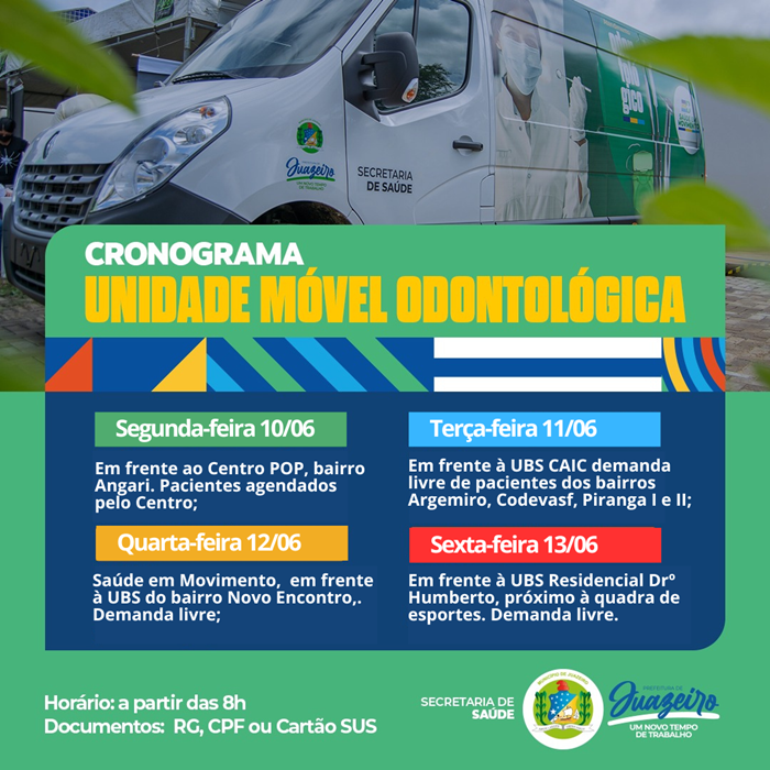 Prefeitura de Juazeiro divulga cronograma da Unidade Móvel Odontológica de 10 a 13 de junho