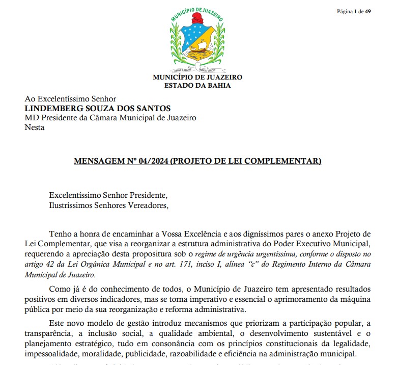 Projeto de Lei aprovado no legislativo cria nova estrutura administrativa em Juazeiro. Confira: